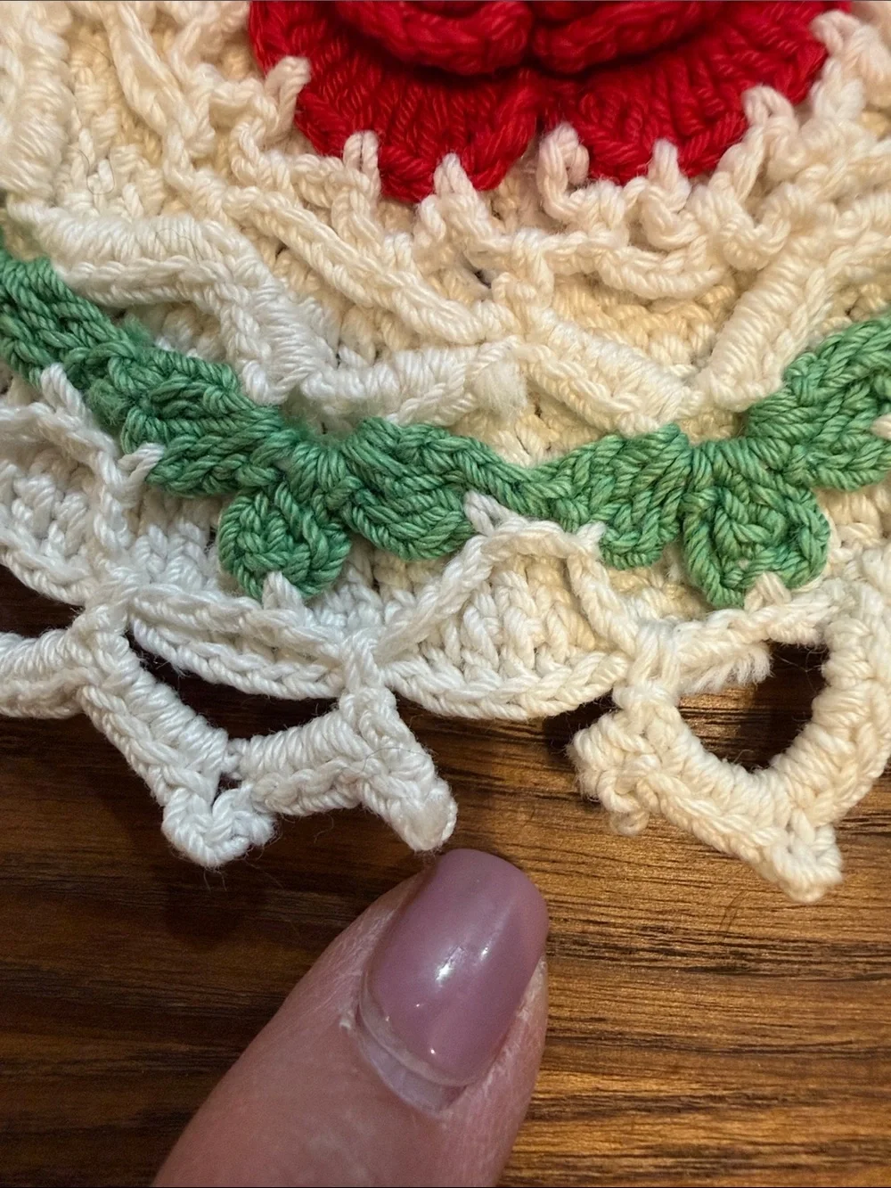 Source Unknown Red, Cream & Green Crochet Decorative Doily